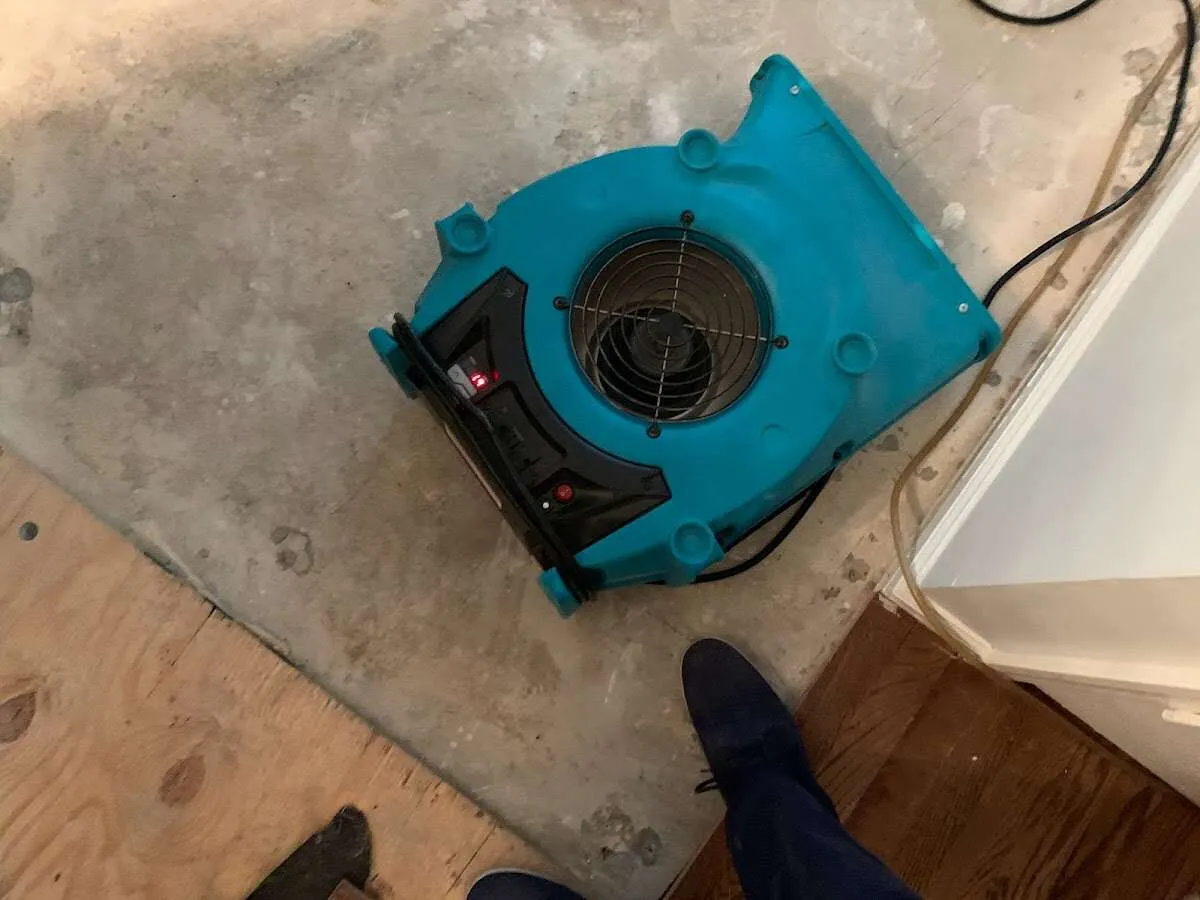 Air mover drying subfloor during Commercial Water Damage Restoration in Brookshire